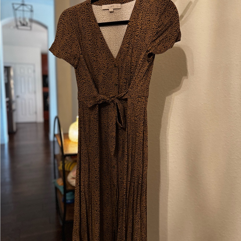 LOFT Brown Wrap Tie Front Midi Dress
